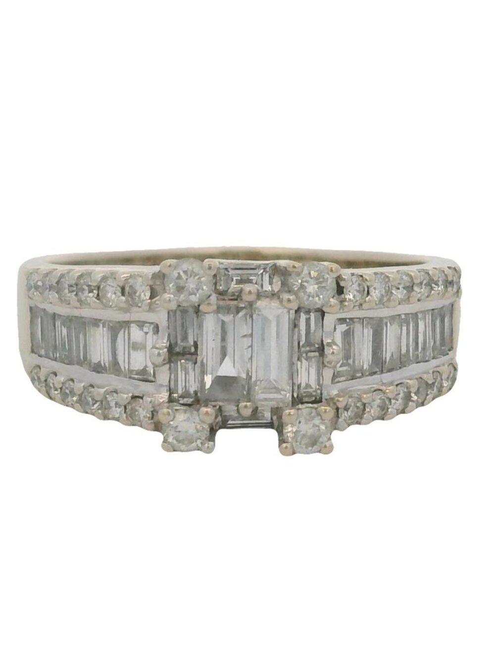 LeVian 18kt White Gold Baguette Round 1.91ctw Diamond Cluster Ring Size 9.75